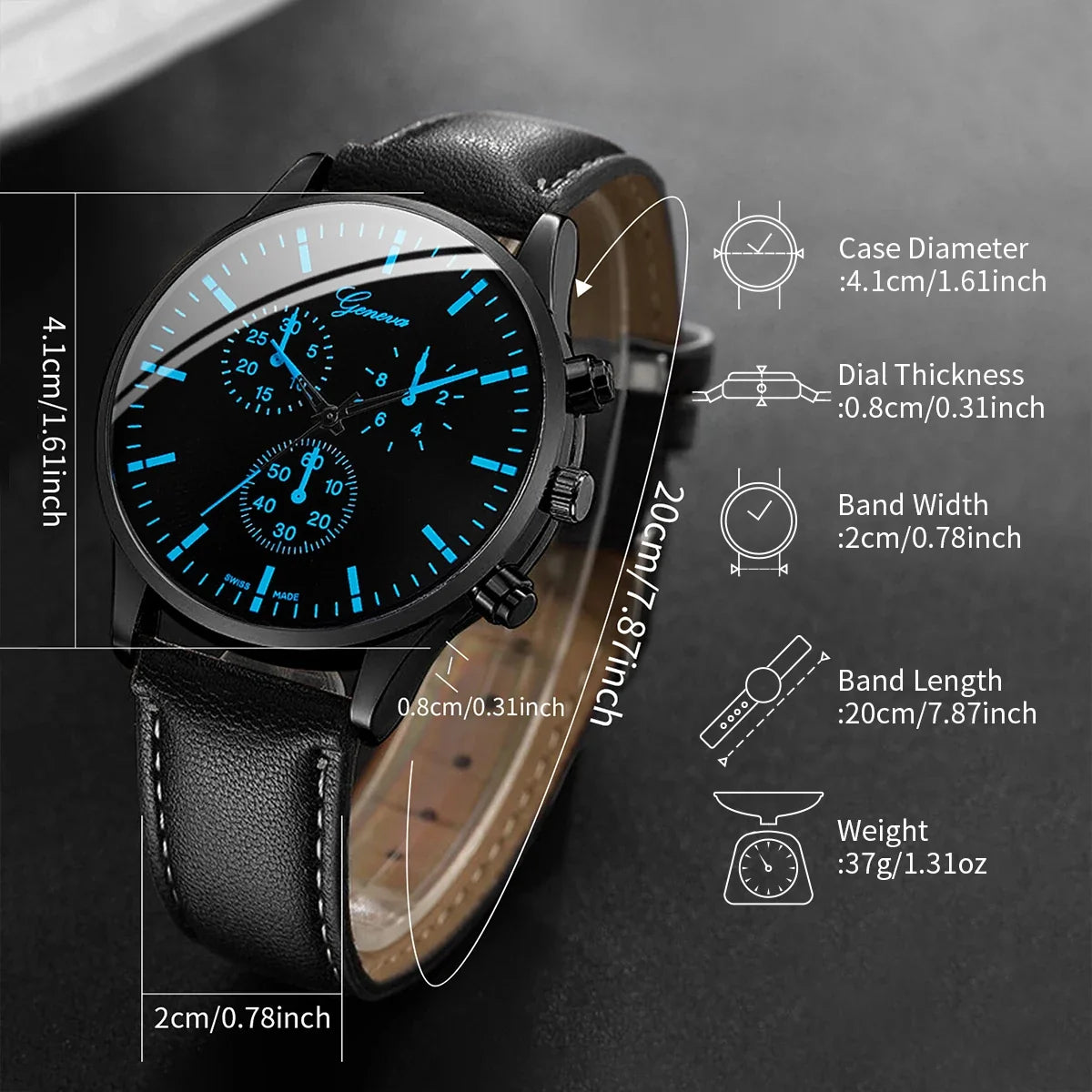 Men's 3pc Quartz Watch with Leather Band, Necklace & Bracelet Set