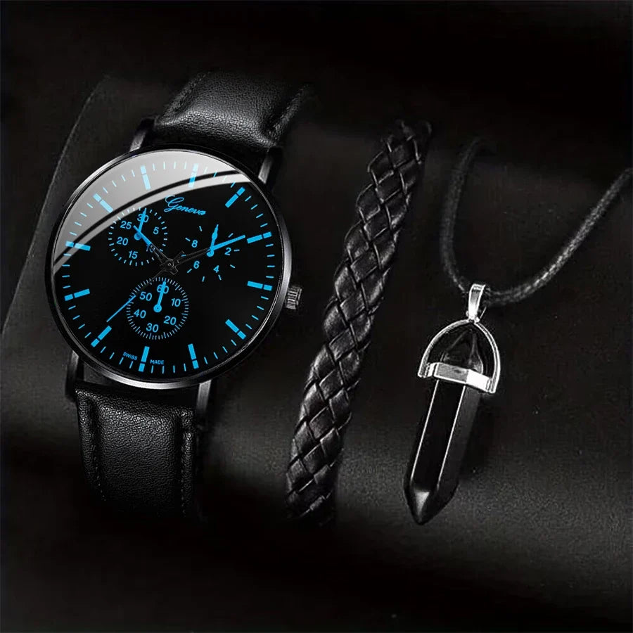 Men's 3pc Quartz Watch with Leather Band, Necklace & Bracelet Set