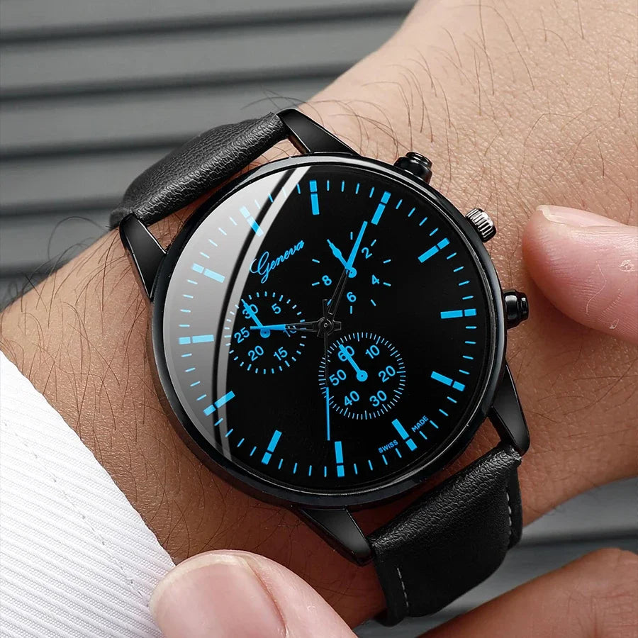 Men's 3pc Quartz Watch with Leather Band, Necklace & Bracelet Set