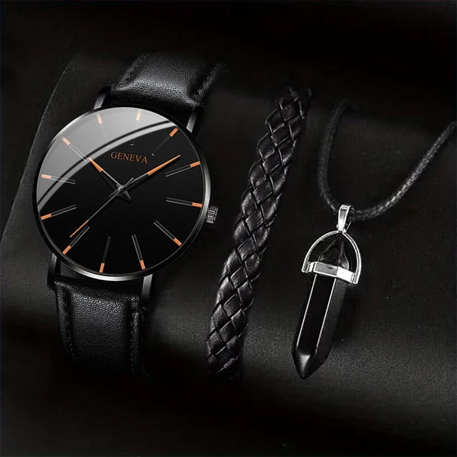 Men's 3pc Quartz Watch with Leather Band, Necklace & Bracelet Set