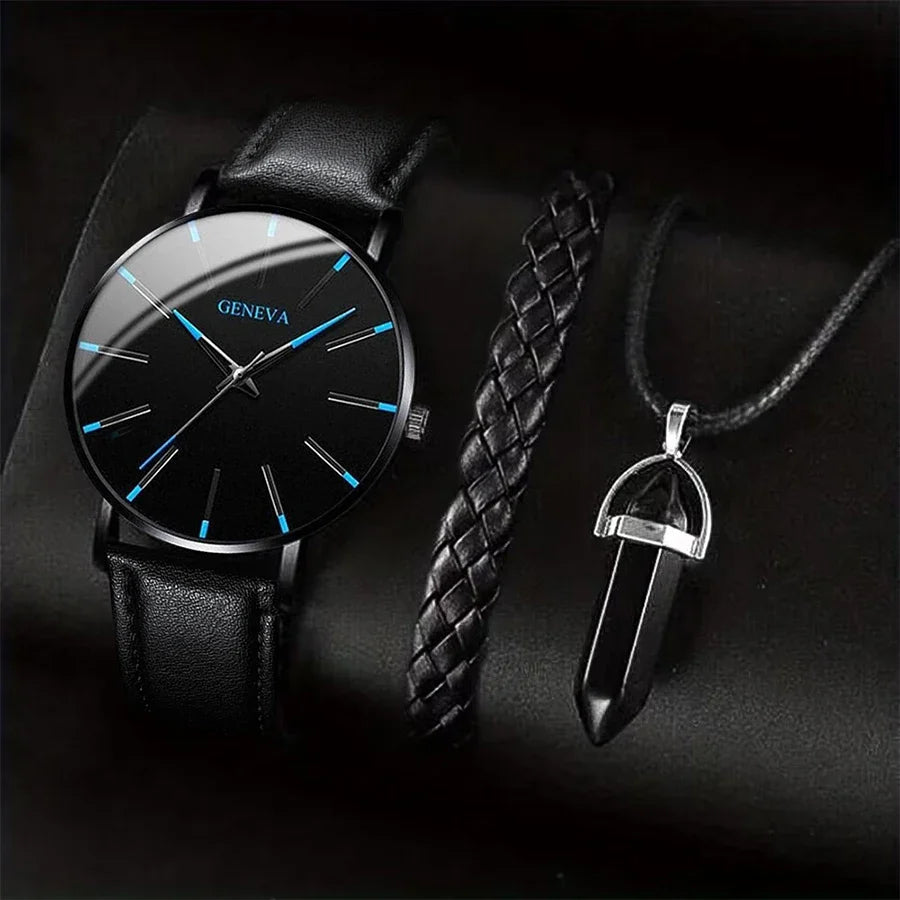 Men's 3pc Quartz Watch with Leather Band, Necklace & Bracelet Set