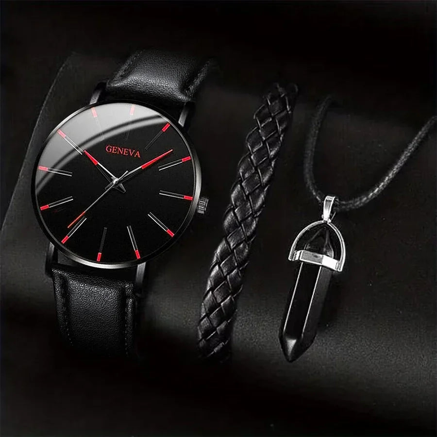 Men's 3pc Quartz Watch with Leather Band, Necklace & Bracelet Set