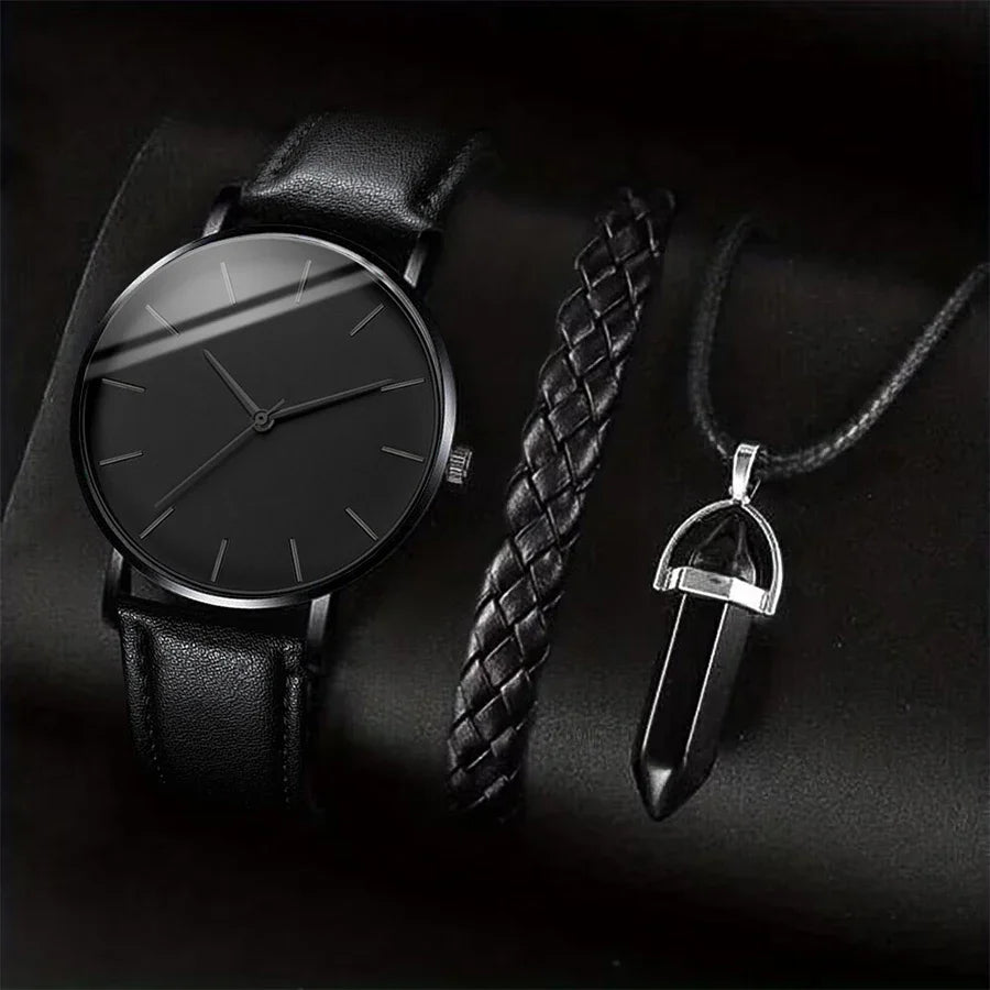 Men's 3pc Quartz Watch with Leather Band, Necklace & Bracelet Set
